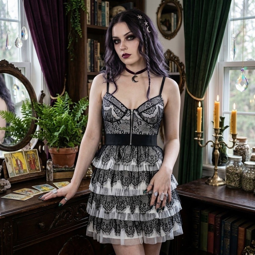 Y2K Wet Seal Tiered Lace Bustier Mini Dress Large Babydoll Whimsy Fairy Goth
